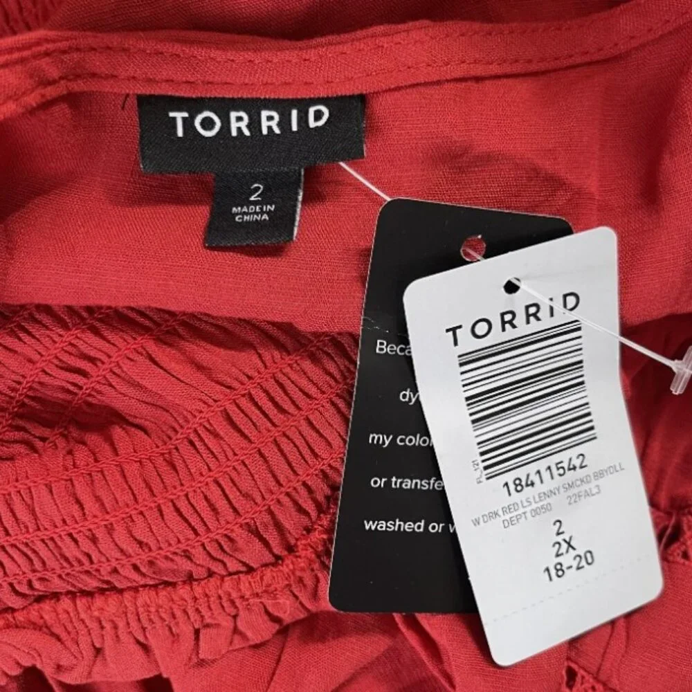 NWT Women's TORRID Red Lenny Smocked Babydoll Peasant Top Blouse Size 2 2X 18-20 - Picture 3 of 4